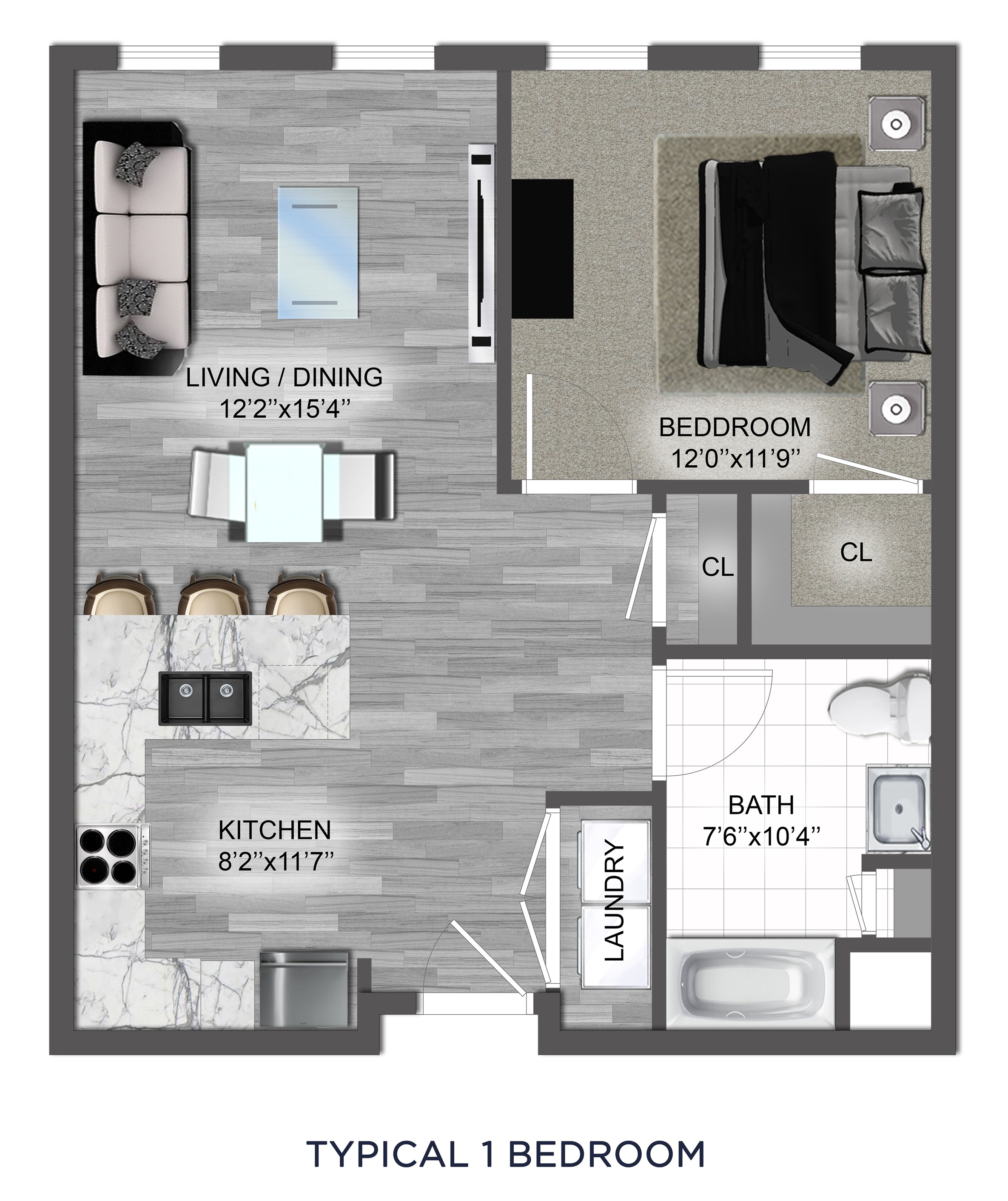Floor plan for 1 bed, 1 bath
